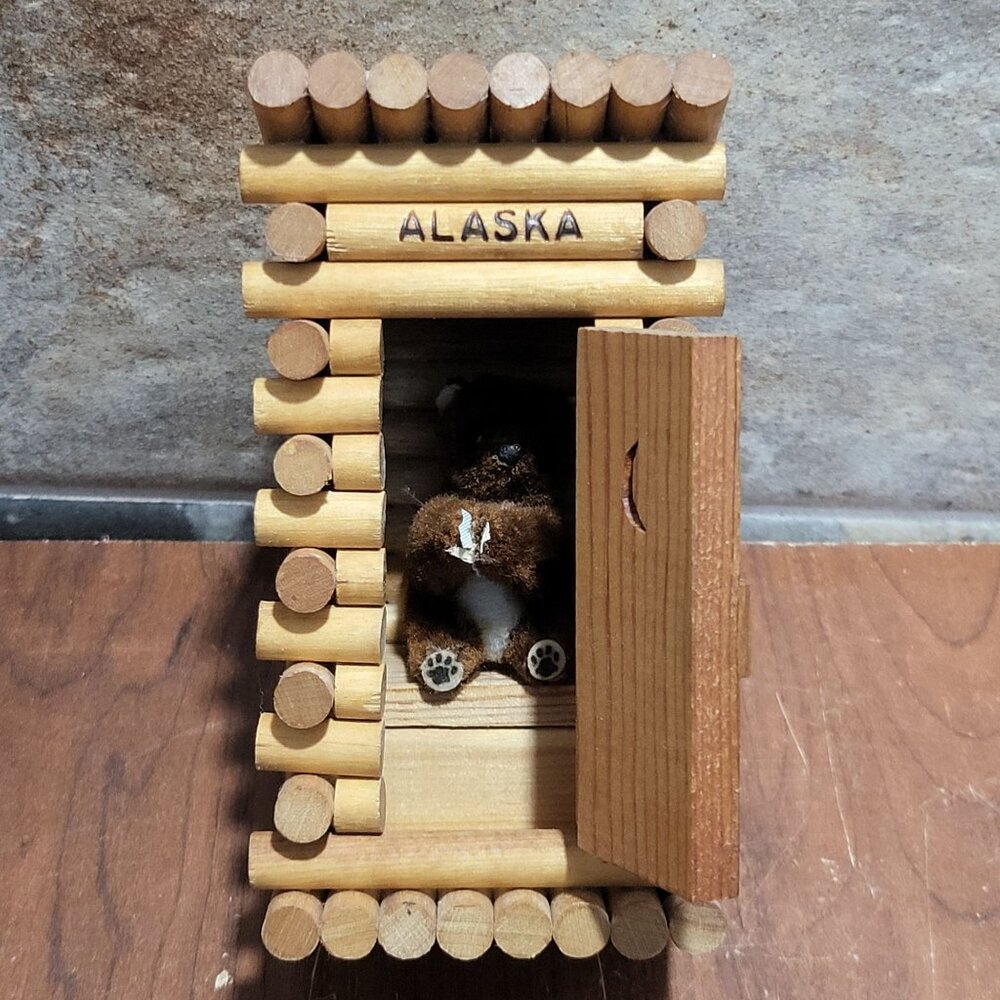 Mini Brown Bear Plush Inside Log Watch Tower Alaska Souvenir